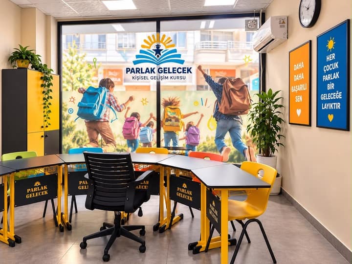 Parlak Gelecek sınıfı: U düzeninde dizilmiş sarı ayaklı masalar, renkli sandalyeler ve duvarda “Her çocuk parlak bir geleceğe layıktır” yazılı poster